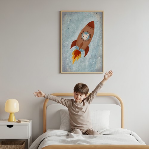 plakat królik w rakiecie w pokoju chłopca