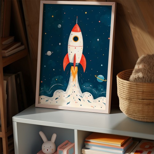 plakat rakieta w drewnianej ramce w pokoju dziecięcym