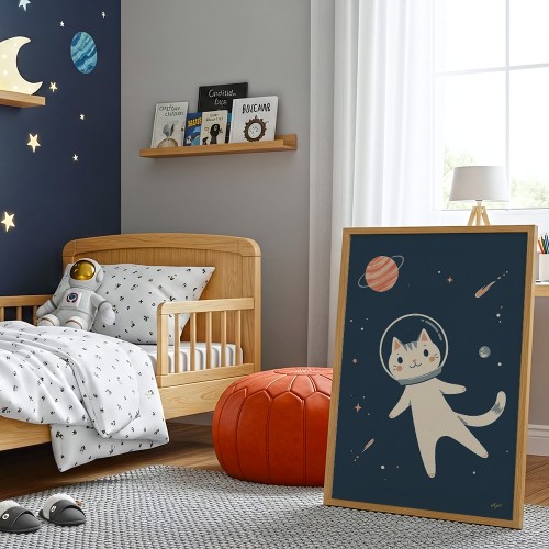 plakat kot w kosmosie w pokoju dziecięcym