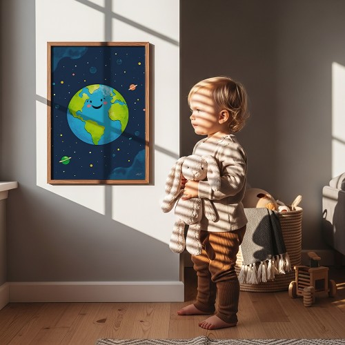 plakat uśmiechnięta ziemia w pokoju chłopca