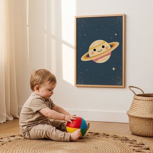 plakat uśmiechnięty saturn w pokoju dziecięcym