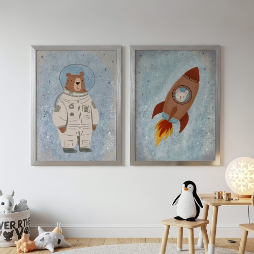 galeria plakatów kosmiczna przygoda w ramach aluminiowych w pokoju dziecka