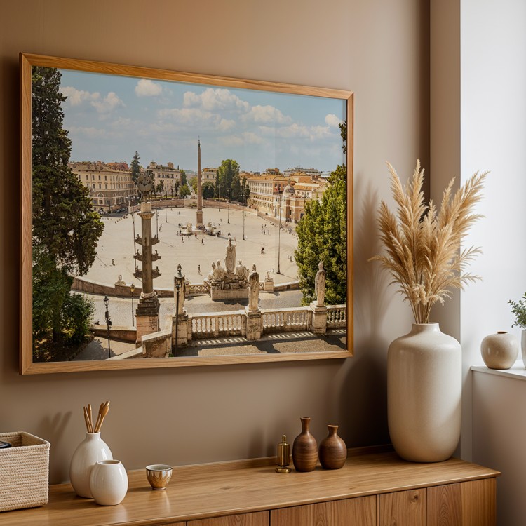 plakat rzym piazza del popolo w drewnianej ramie nad komodą