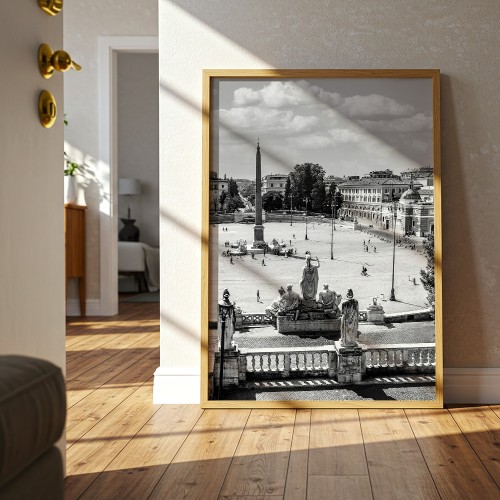 plakat rzym piazza del popolo w czerni i bieli w drewnianej ramie