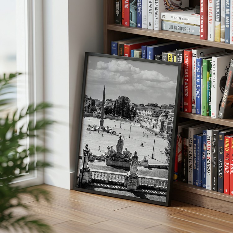 plakat rzym piazza del popolo w czerni i bieli w czarnej ramie