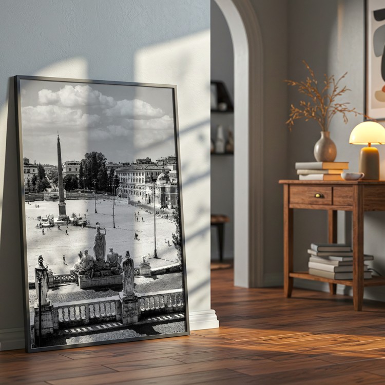 plakat rzym piazza del popolo w czerni i bieli w salonie