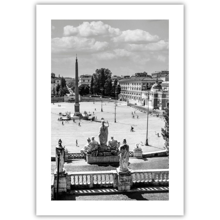 plakat rzym piazza del popolo w czerni i bieli z białym obramowaniem