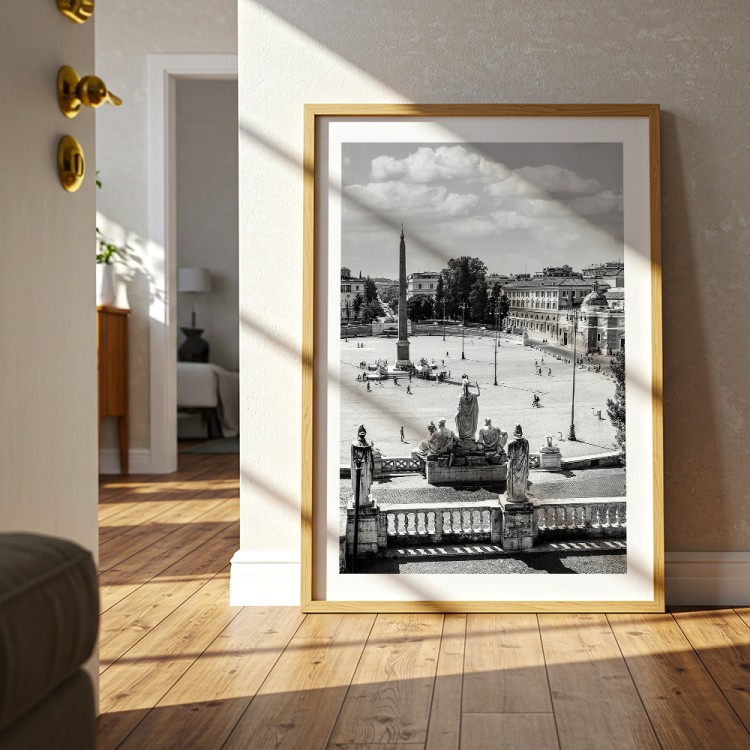 plakat rzym piazza del popolo w czerni i bieli z białym obramowaniem w drewnianej ramie