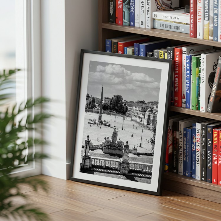 plakat rzym piazza del popolo w czerni i bieli z białym obramowaniem w czarnej ramie
