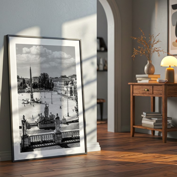 plakat rzym piazza del popolo w czerni i bieli z białym obramowaniem w salonie