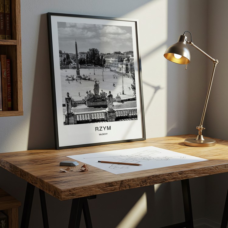 plakat rzym włochy piazza del popolo w czarnej ramie na biurku