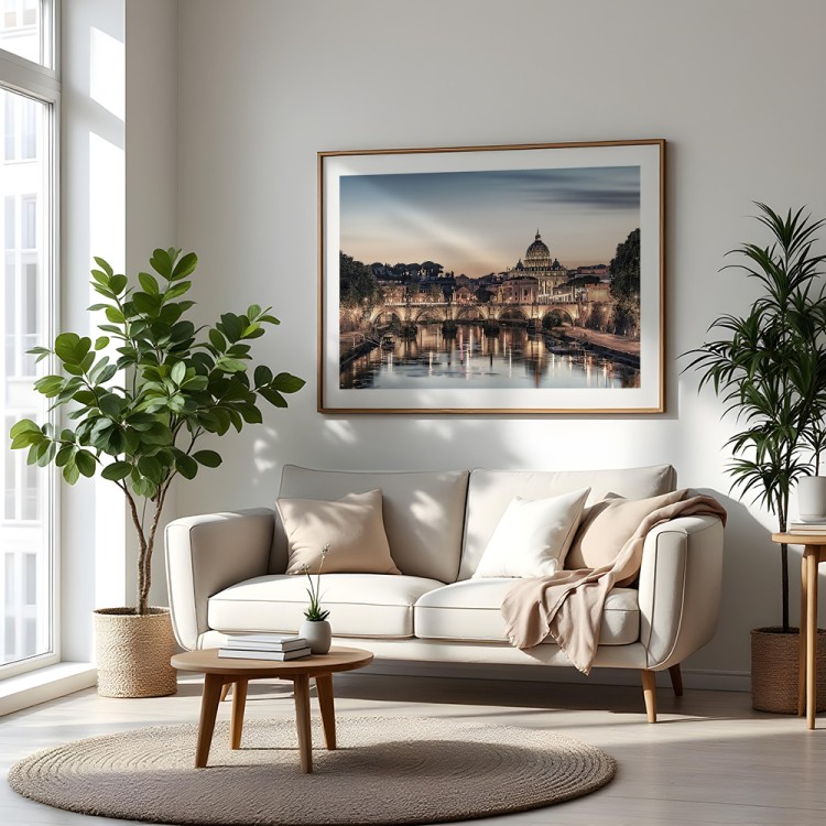plakat rzym wieczór nad tybrem z białym obramowaniem w salonie