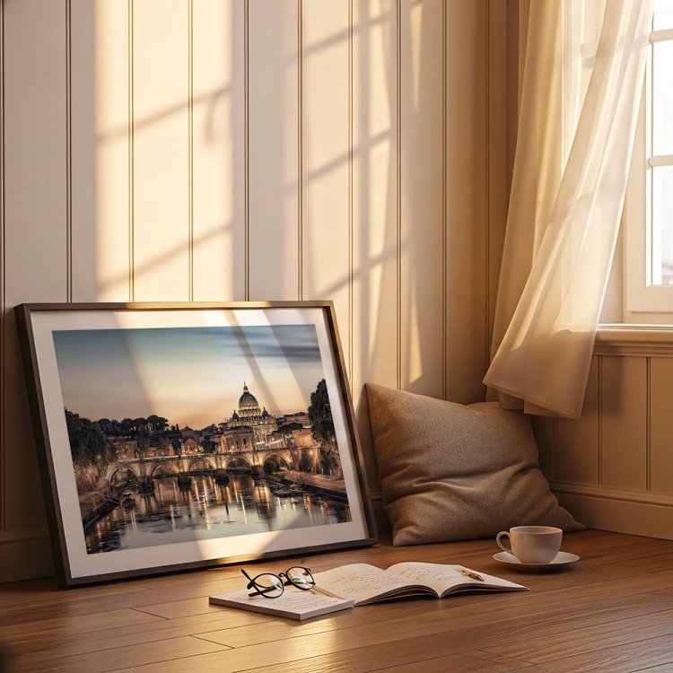 plakat rzym wieczór nad tybrem z białym obramowaniem w czarnej ramie