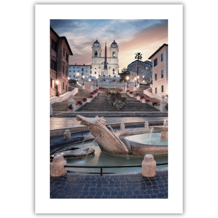plakat rzym schody hiszpańskie wieczorem z białym obramowaniem