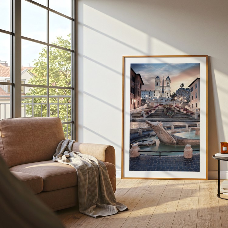 plakat rzym schody hiszpańskie wieczorem z białym obramowaniem w salonie