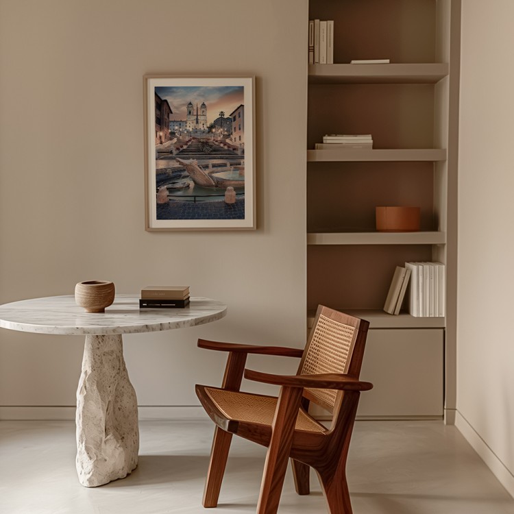 plakat rzym schody hiszpańskie wieczorem z białym obramowaniem w biurze