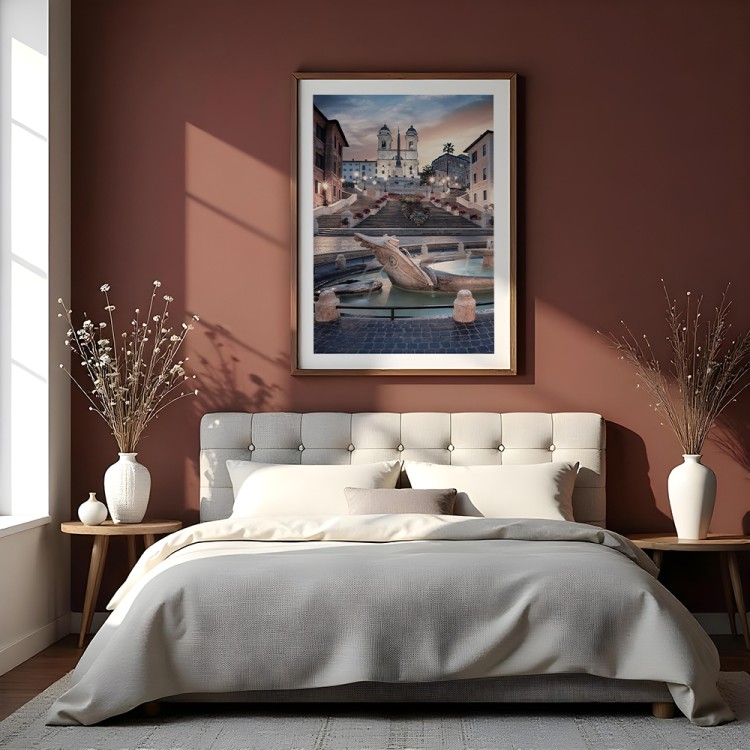 plakat rzym schody hiszpańskie wieczorem z białym obramowaniem w sypialni