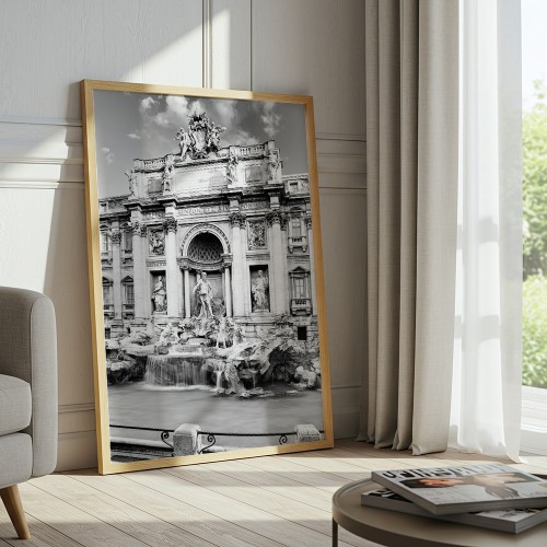 plakat rzym fontanna di trevi w czerni i bieli w salonie