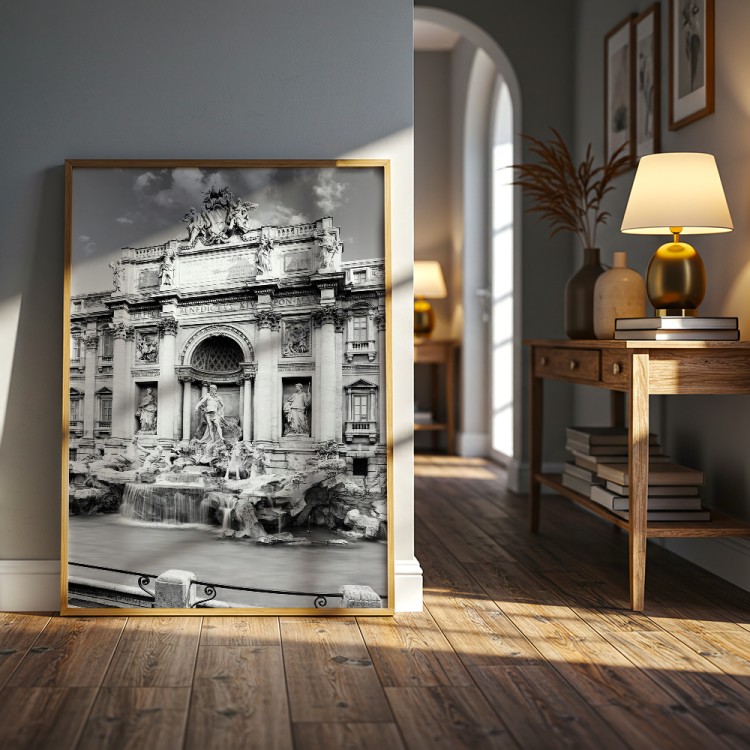 plakat rzym fontanna di trevi w czerni i bieli w przedpokoju