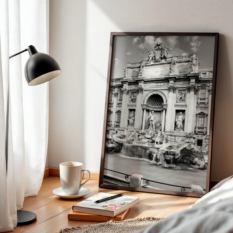 plakat rzym fontanna di trevi w czerni i bieli w sypialni