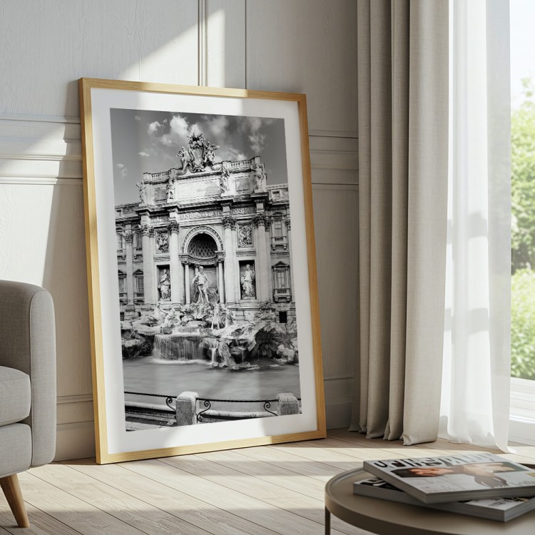 plakat rzym fontanna di trevi w czerni i bieli z białym obramowaniem w salonie