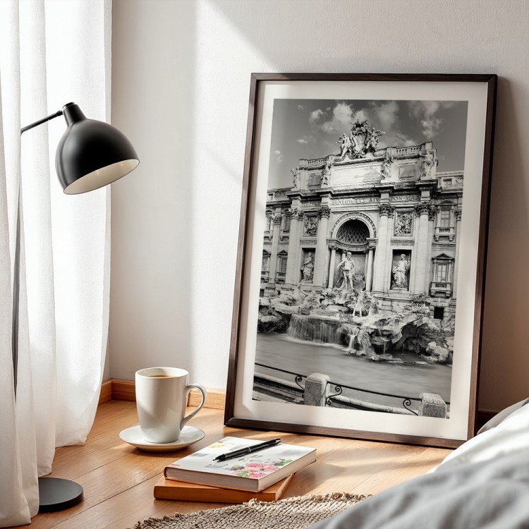 plakat rzym fontanna di trevi w czerni i bieli z białym obramowaniem w sypialni