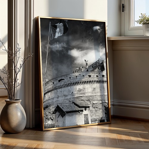 plakat rzym zamek świętego anioła w czerni i bieli w salonie