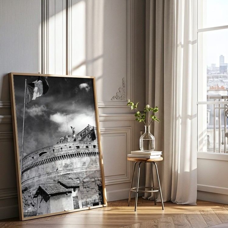 plakat rzym zamek świętego anioła w czerni i bieli w drewnianej ramie