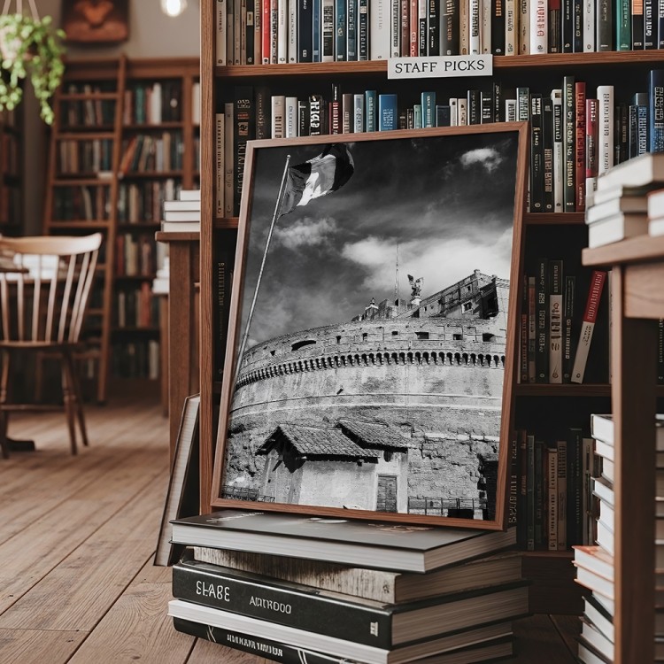 plakat rzym zamek świętego anioła w czerni i bieli w brązowej ramie