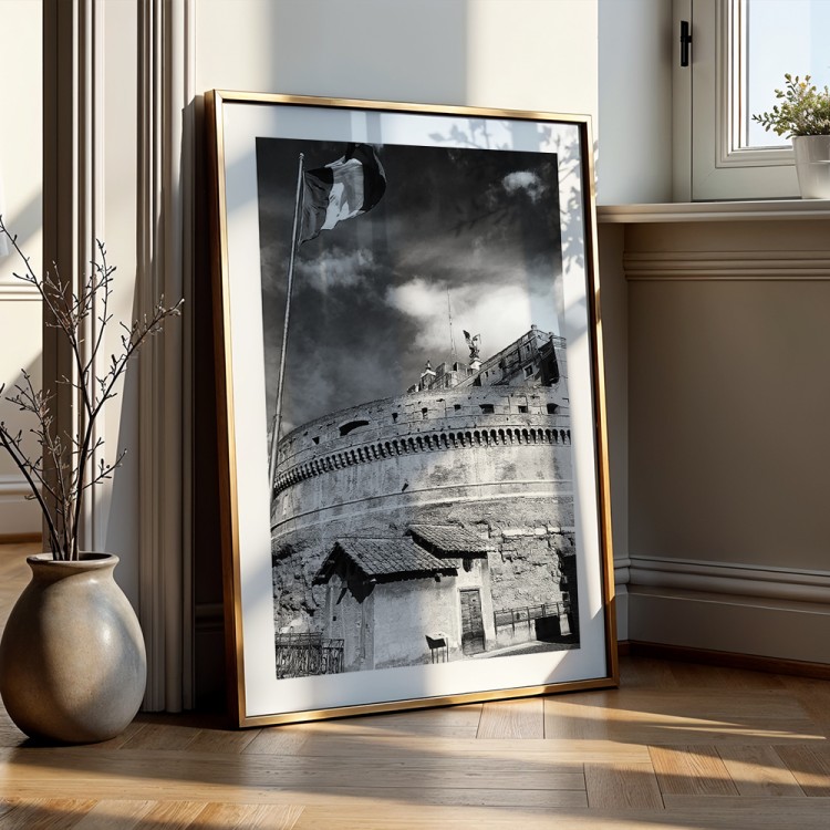 plakat rzym zamek świętego anioła w czerni i bieli z białym obramowaniem w salonie