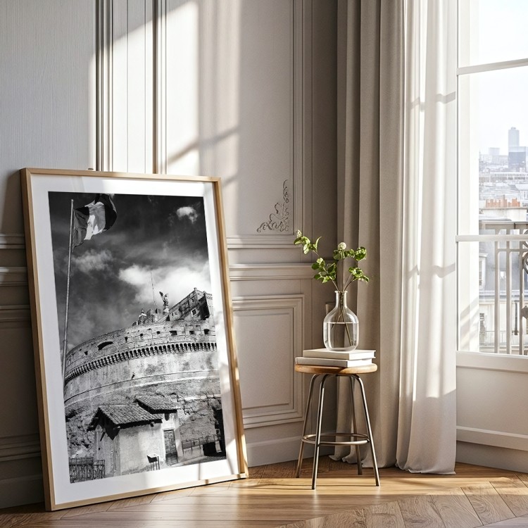 plakat rzym zamek świętego anioła w czerni i bieli z białym obramowaniem w drewnianej ramie