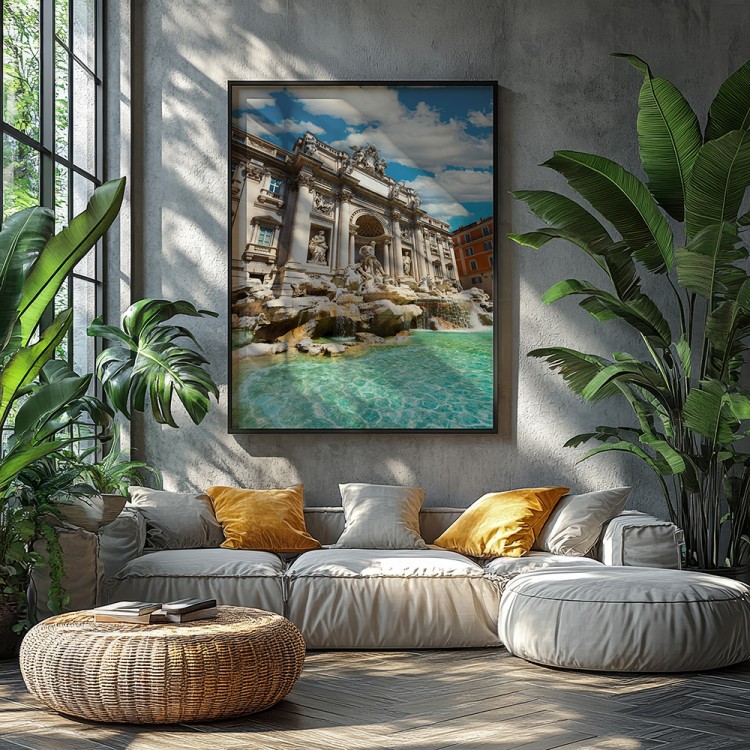 plakat rzym fontanna di trevi w słońcu w czarnej ramie