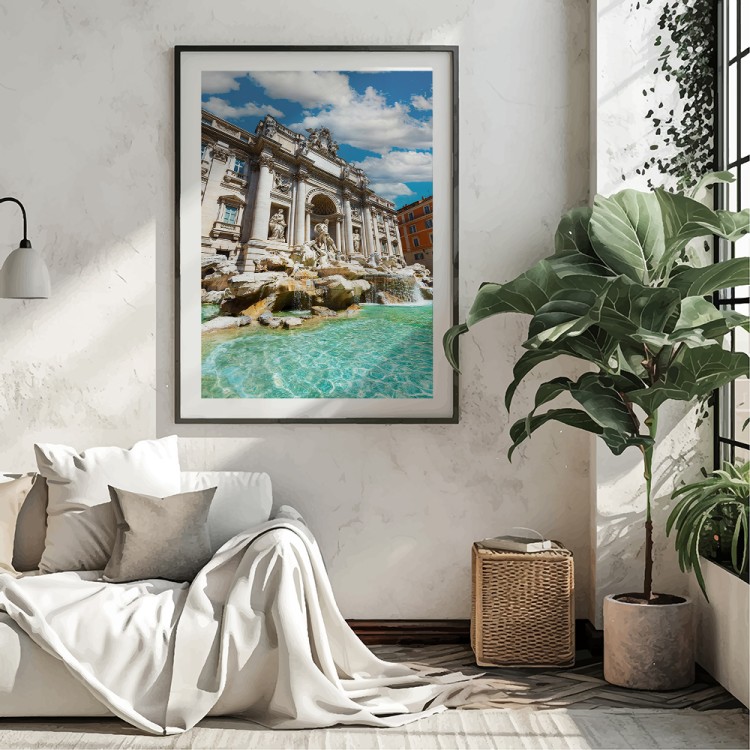 plakat rzym fontanna di trevi w słońcu z białym obramowaniem w salonie