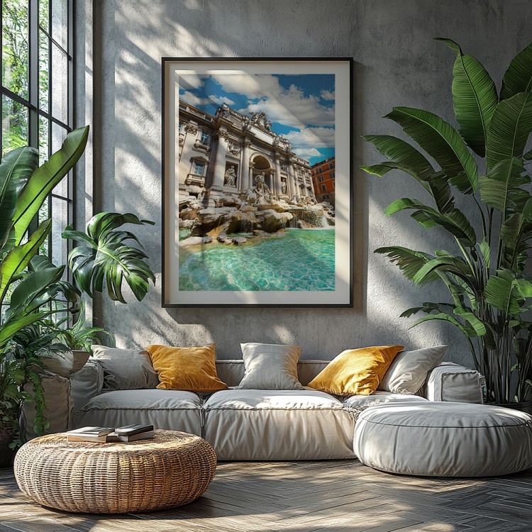 plakat rzym fontanna di trevi w słońcu z białym obramowaniem w czarnej ramie