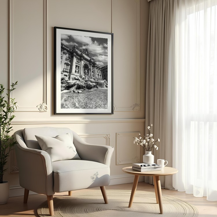 plakat rzym fontanna di trevi czarno-biała z białym obramowaniem w salonie