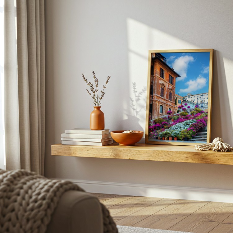 plakat rzym schody hiszpańskie w kwiatach w drewnianej ramie w salonie