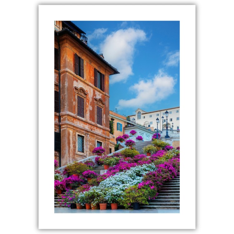 plakat rzym schody hiszpańskie w kwiatach z białym obramowaniem