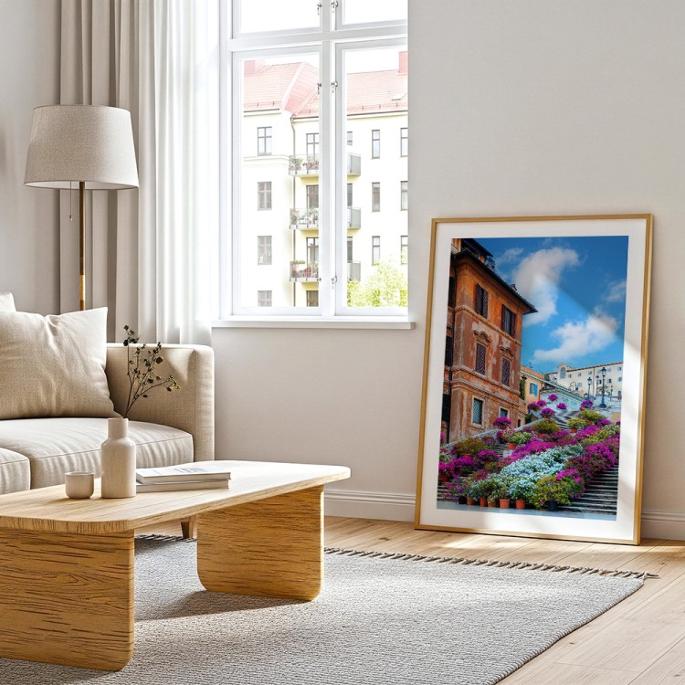 plakat rzym schody hiszpańskie w kwiatach z białym obramowaniem w salonie