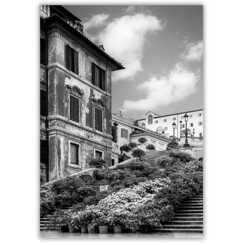 plakat rzym schody hiszpańskie w kwiatach czarno-białe