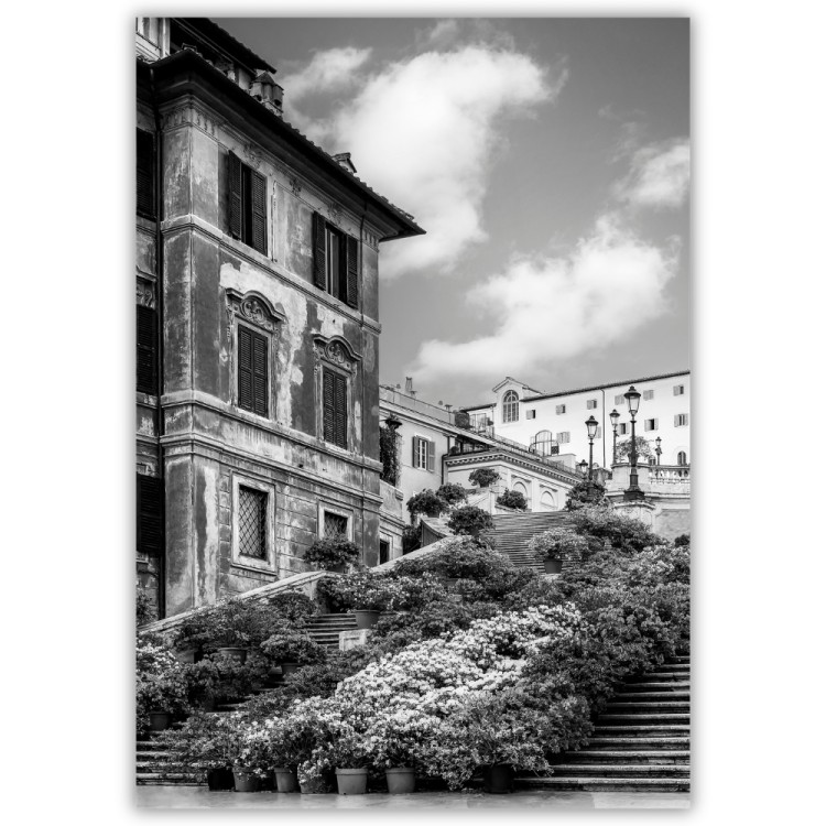 plakat rzym schody hiszpańskie w kwiatach czarno-białe