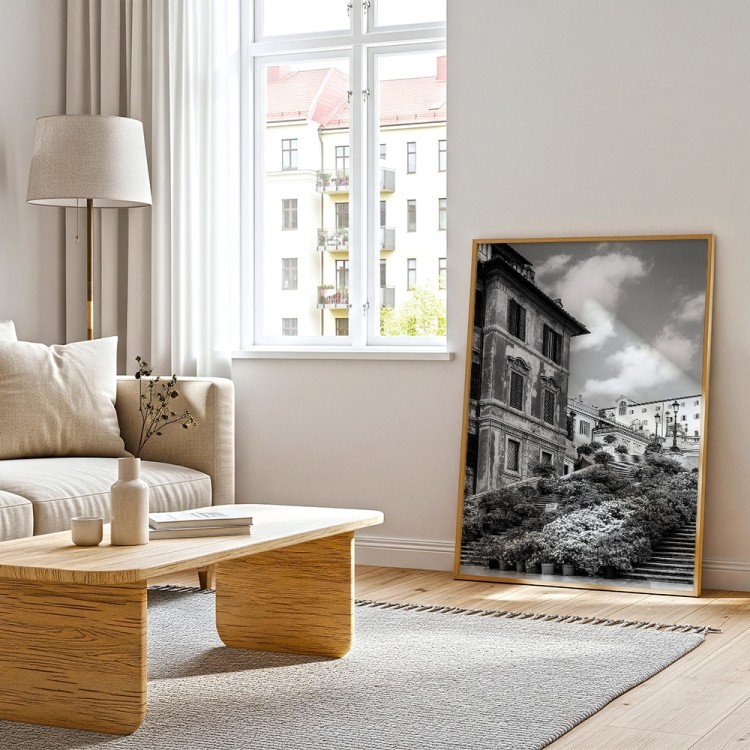 plakat rzym schody hiszpańskie w kwiatach czarno-białe w salonie