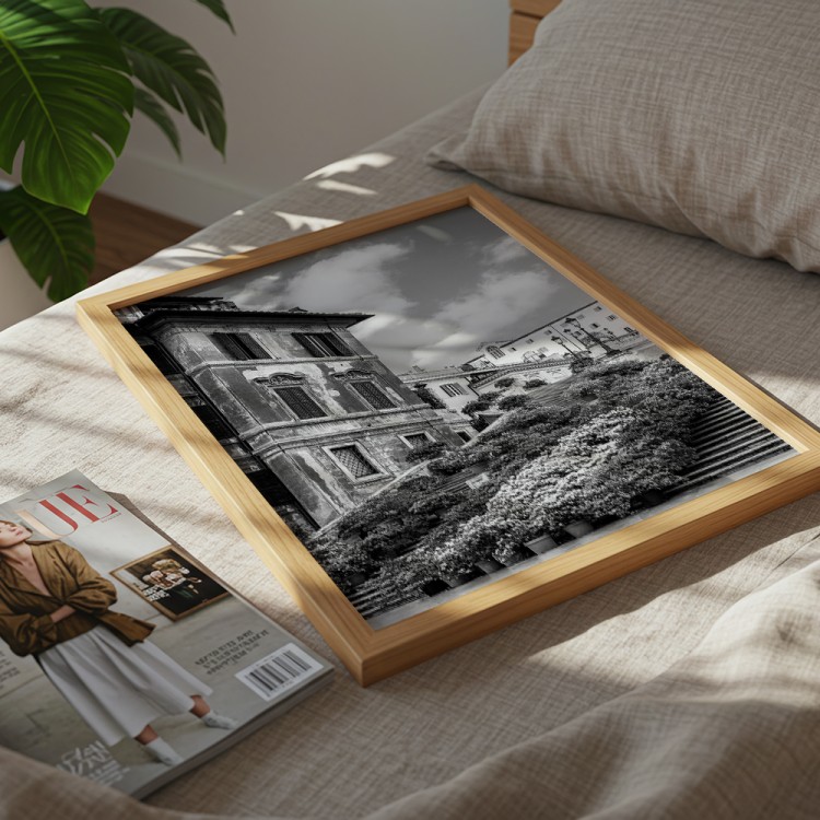 plakat rzym schody hiszpańskie w kwiatach czarno-białe mały wydruk