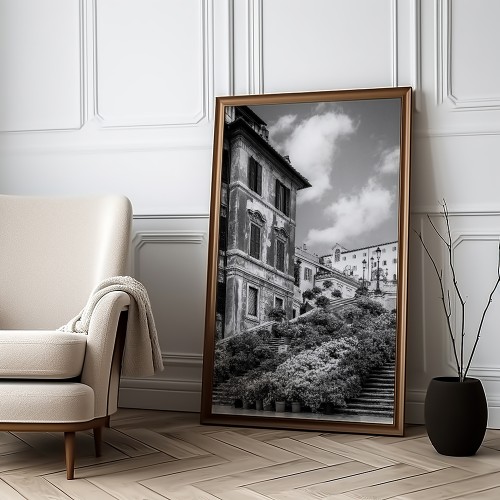plakat rzym schody hiszpańskie w kwiatach w czerni i bieli w salonie w drewnianej ramie