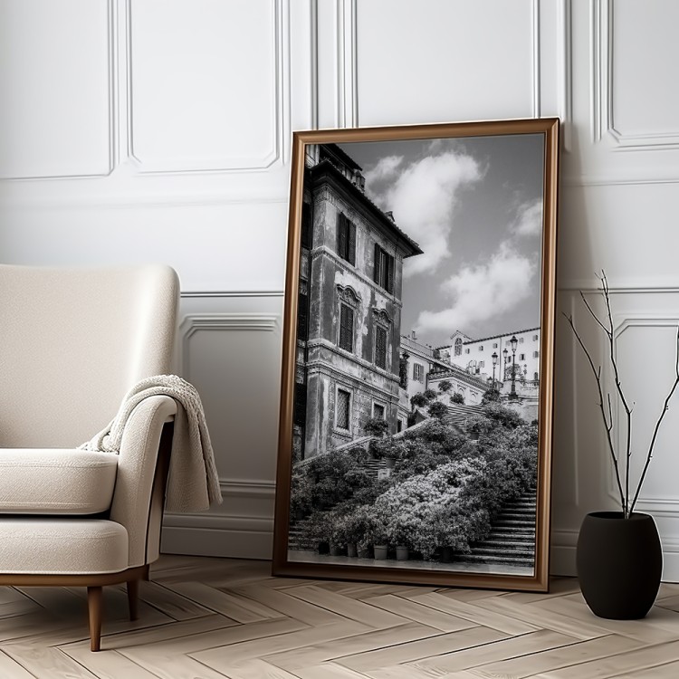 plakat rzym schody hiszpańskie w kwiatach w czerni i bieli w salonie w drewnianej ramie