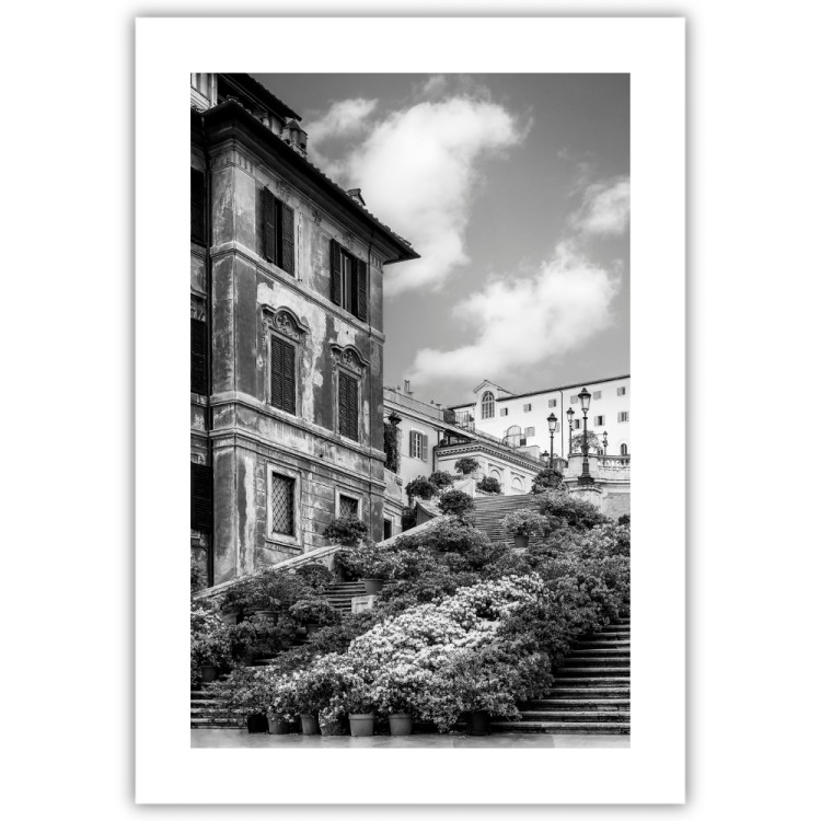 plakat rzym schody hiszpańskie w kwiatach czarno-białe z białym obramowaniem