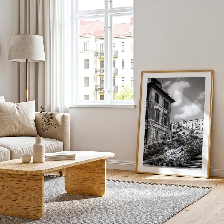 plakat rzym schody hiszpańskie w kwiatach czarno-białe z białym obramowaniem w salonie