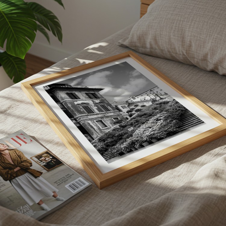 plakat rzym schody hiszpańskie w kwiatach czarno-białe z białym obramowaniem mały wydruk