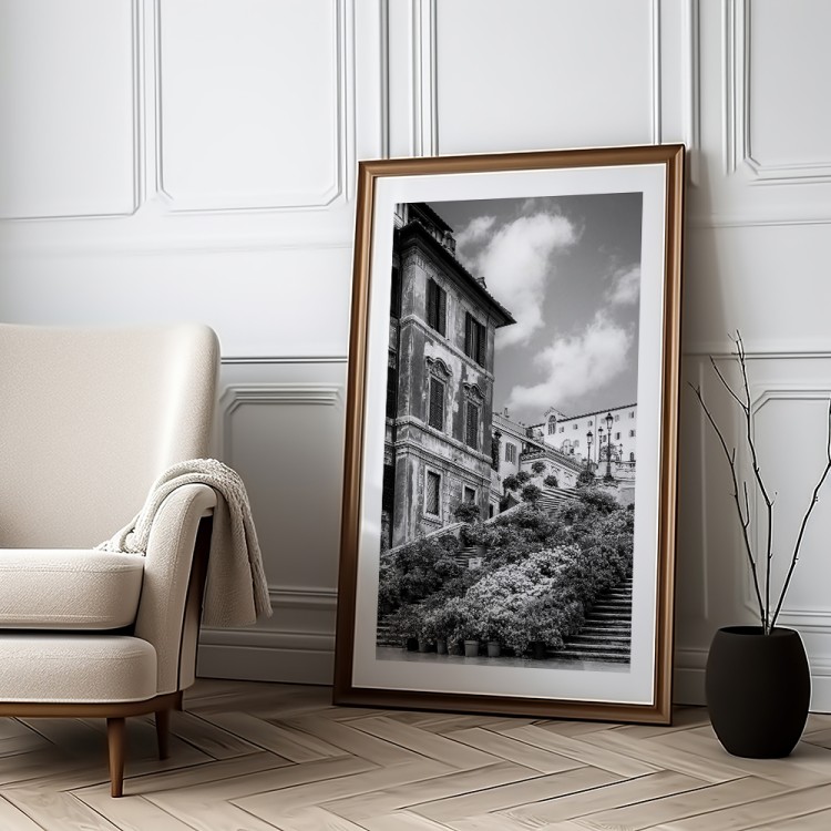 plakat rzym schody hiszpańskie w kwiatach czarno-białe z białym obramowaniem w salonie w drewnianej ramie