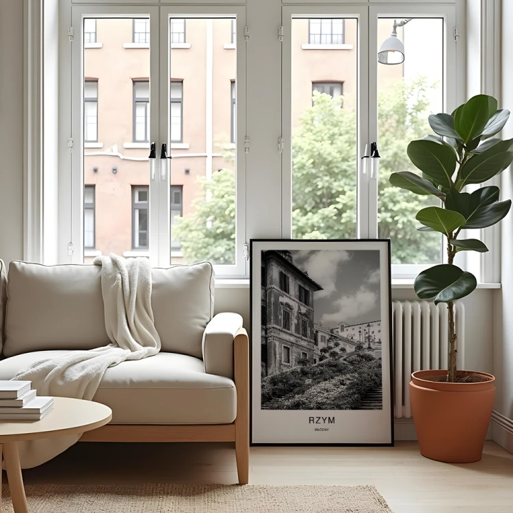 plakat rzym włochy schody hiszpańskie w salonie w czarnej ramie