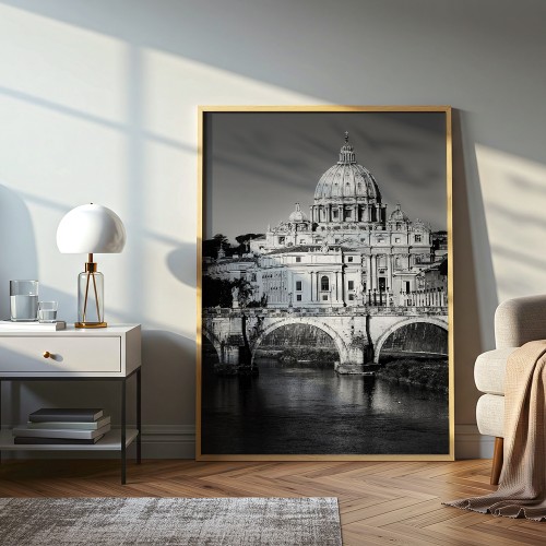 plakat rzym serce watykanu w czerni i bieli w sypialni